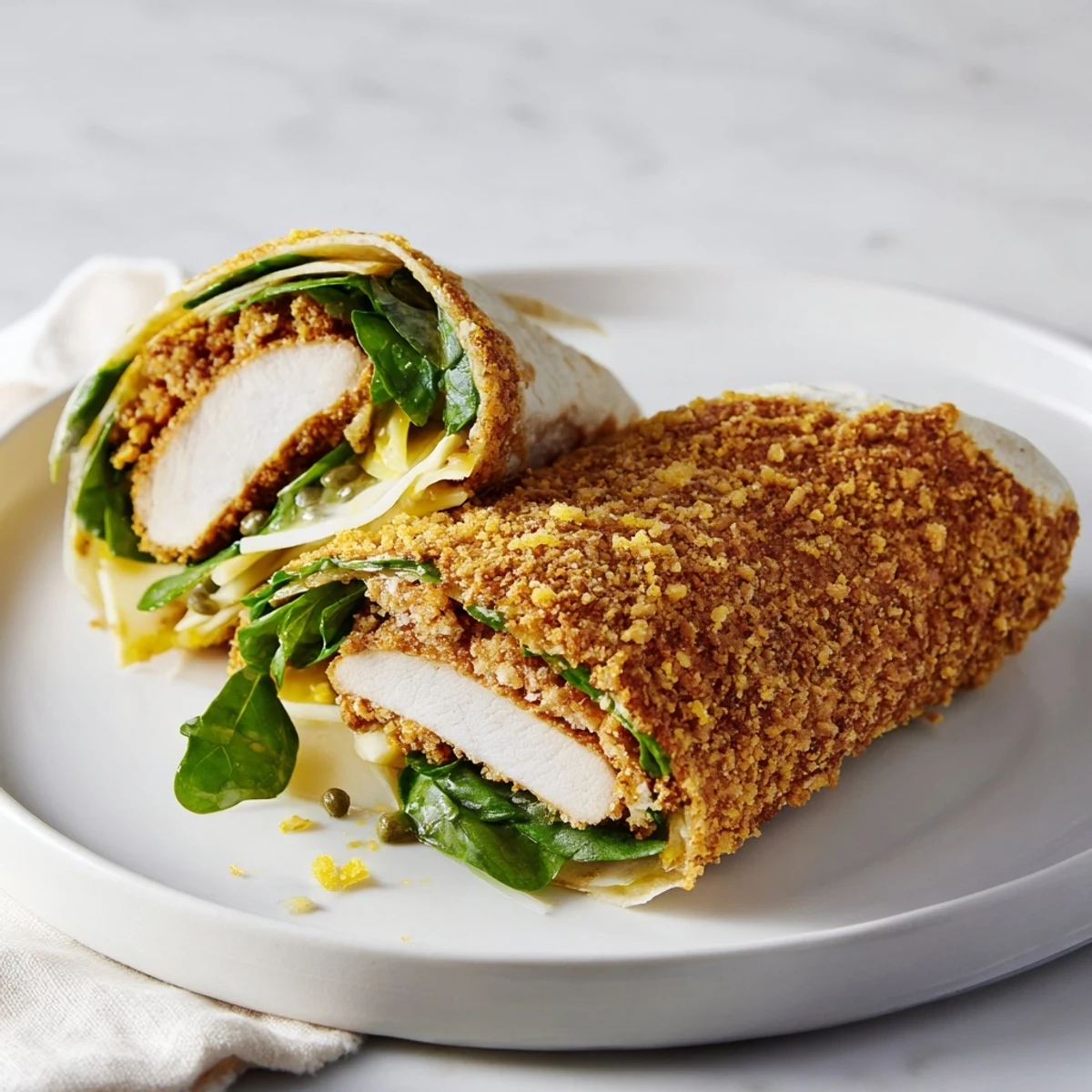 A close-up of a crispy Chicken Piccata Crunch Wrap featuring fresh spinach peeking out.
