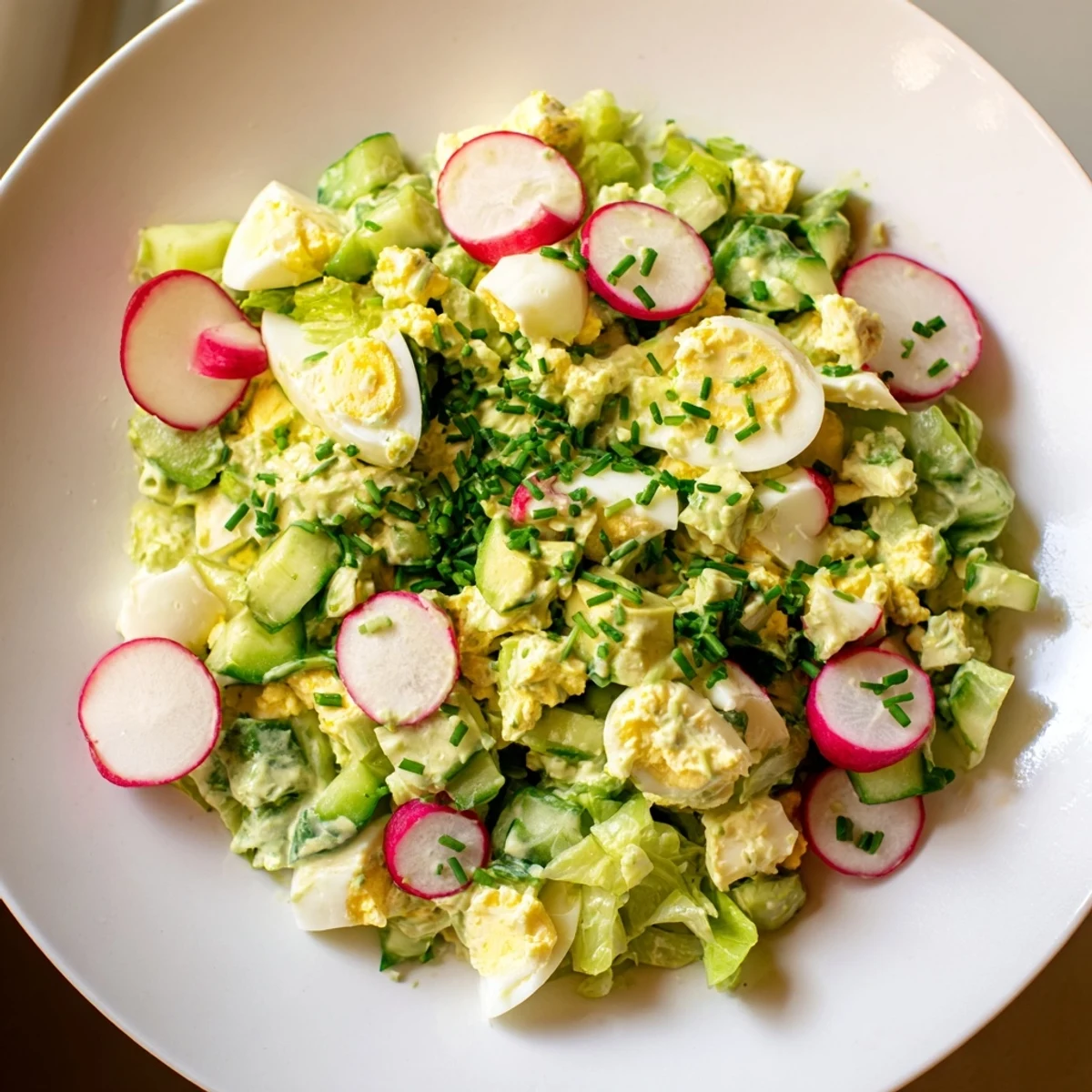 Green goddess chopped egg salad, showcasing colorful vegetables and creamy dressing, is perfect for lunch.