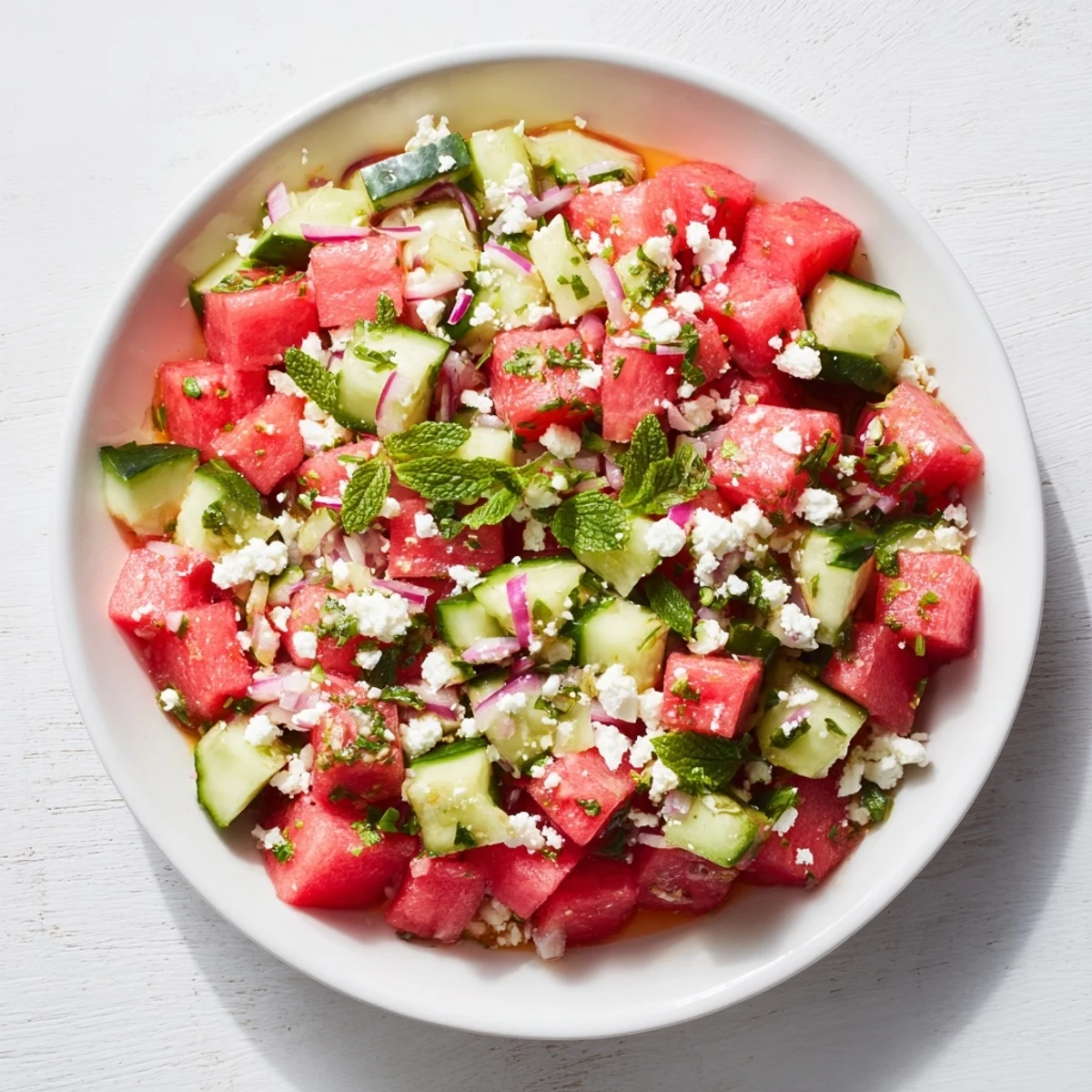 Close-up of a vibrant Cucumber and Watermelon Hot Girl Salad, drizzled with zesty lime dressing.