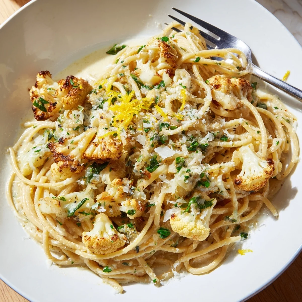 Creamy roasted cauliflower garlic pasta, a comforting, vegetarian dish, ready to serve with fresh herbs and parmesan.