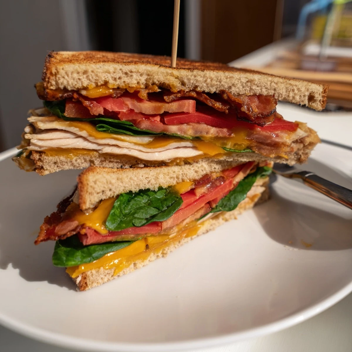 Crispy turkey bacon and fresh spinach layered in the tasty Turkey Bacon, Spinach & Tomato Protein Grilled Cheese.