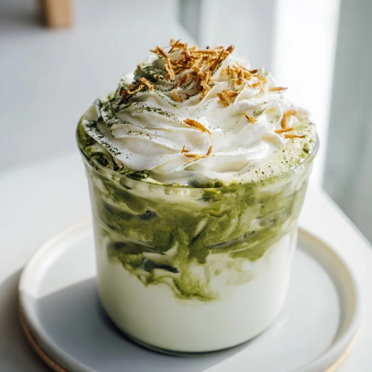 Garnish adds a festive flair to this creamy and spicy Toasted Coconut Gingerbread Iced Matcha beverage.