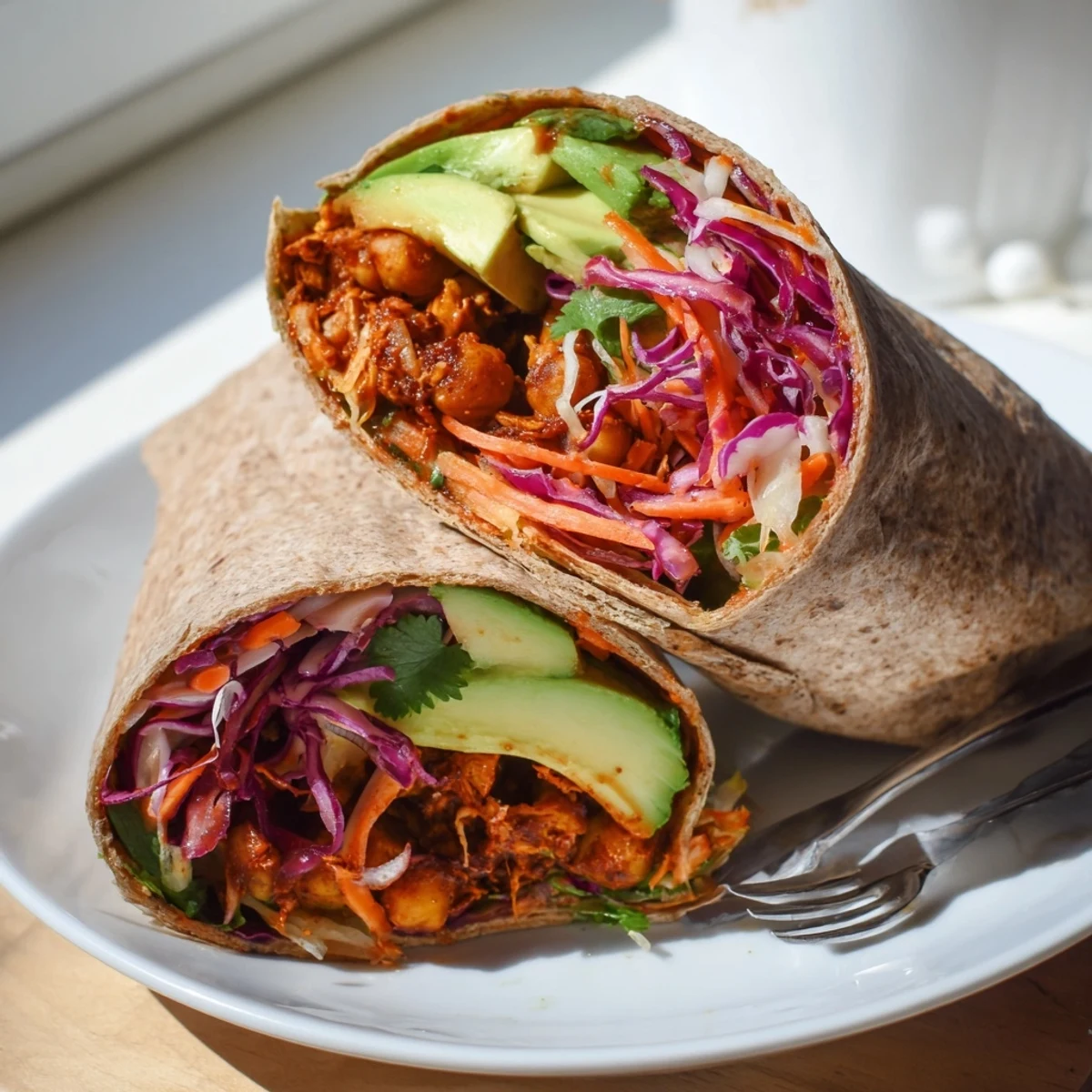 Smoky, glistening BBQ Chickpea & Slaw wraps overflowing with fresh, colorful veggie slaw, ready to eat.