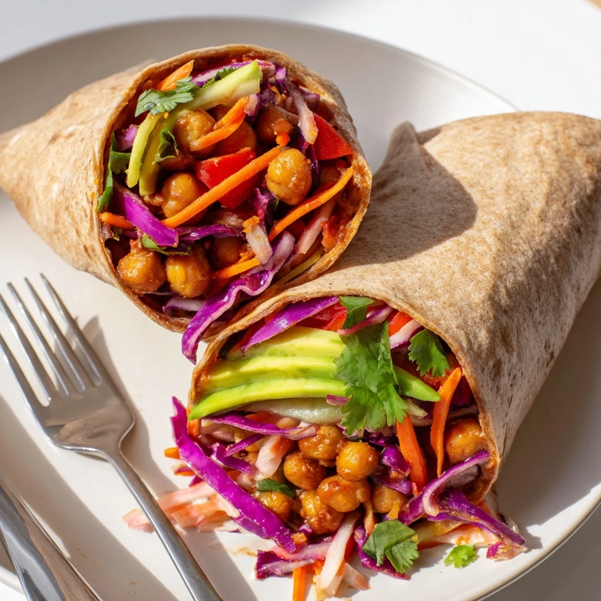 A close-up of a delicious BBQ Chickpea & Slaw wrap, filled with a vibrant slaw mixture and avocado.