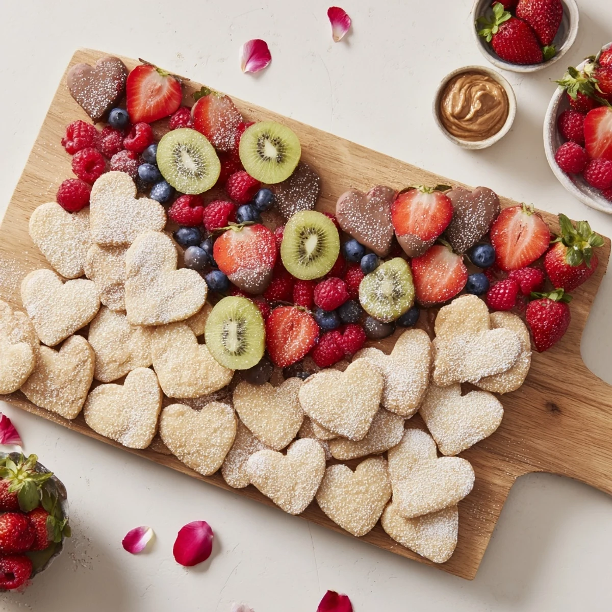 Imagine a vibrant Love Letter Dessert Board with colorful fruits, chocolates and pretty heart-shaped sugar cookies.