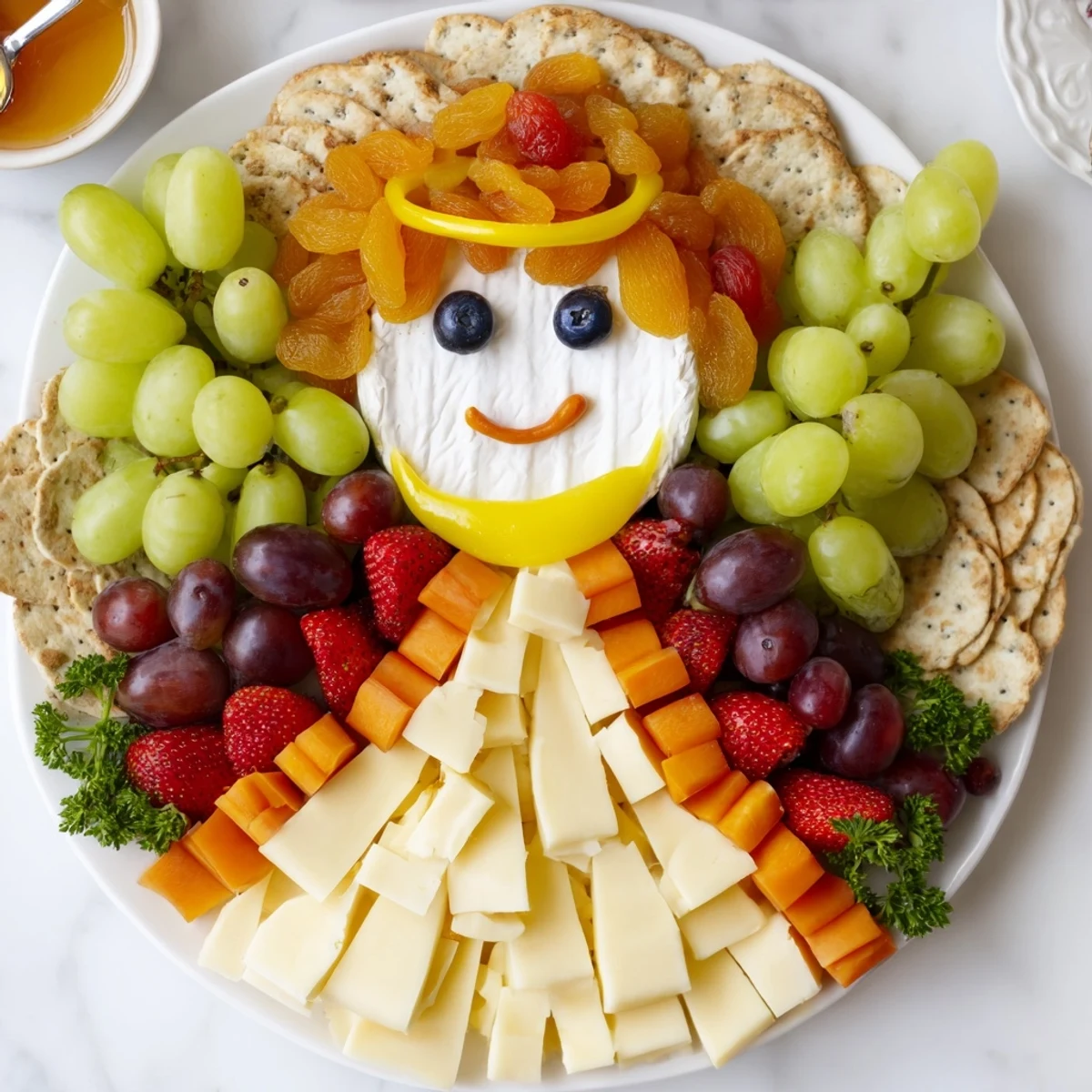 Delectable Cherub Angel Snack Tray: a vibrant, festive platter with fresh fruits and cheeses.