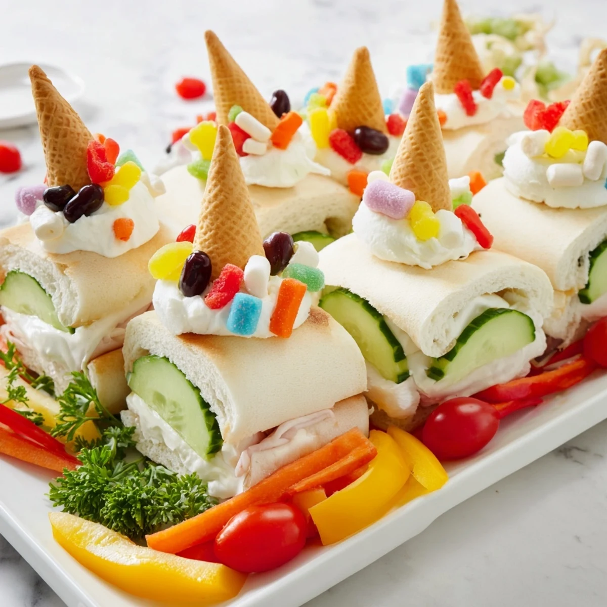 Whimsical Fairy Tale Castle Platter with colorful fruits, veggies, and candy for a party.