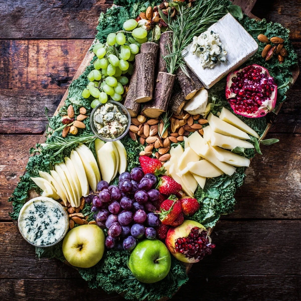 A vibrant Enchanted Forest Grazing Board overflowing with colorful fruits, cheeses, and inviting crackers.