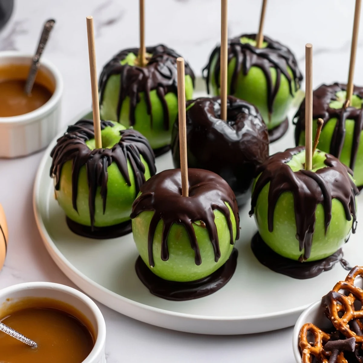Shiny, black poison apples shine on a Halloween treat board ready to tempt guests.
