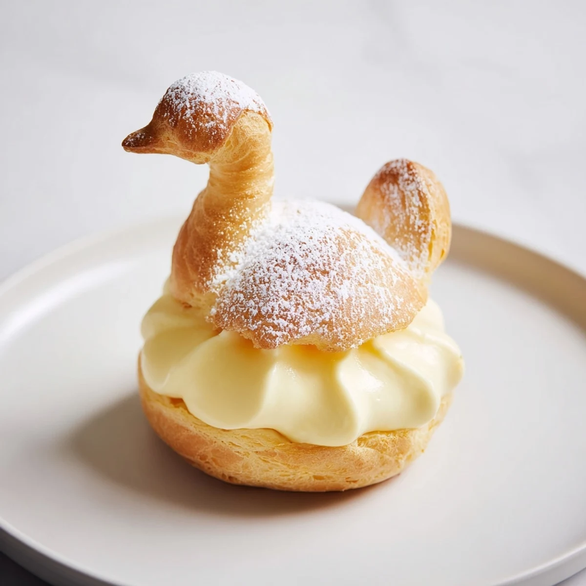 Imagine this: A close-up of the Feathered Friend Swan pastries, crisp golden exteriors, creamy filling, ready to eat.