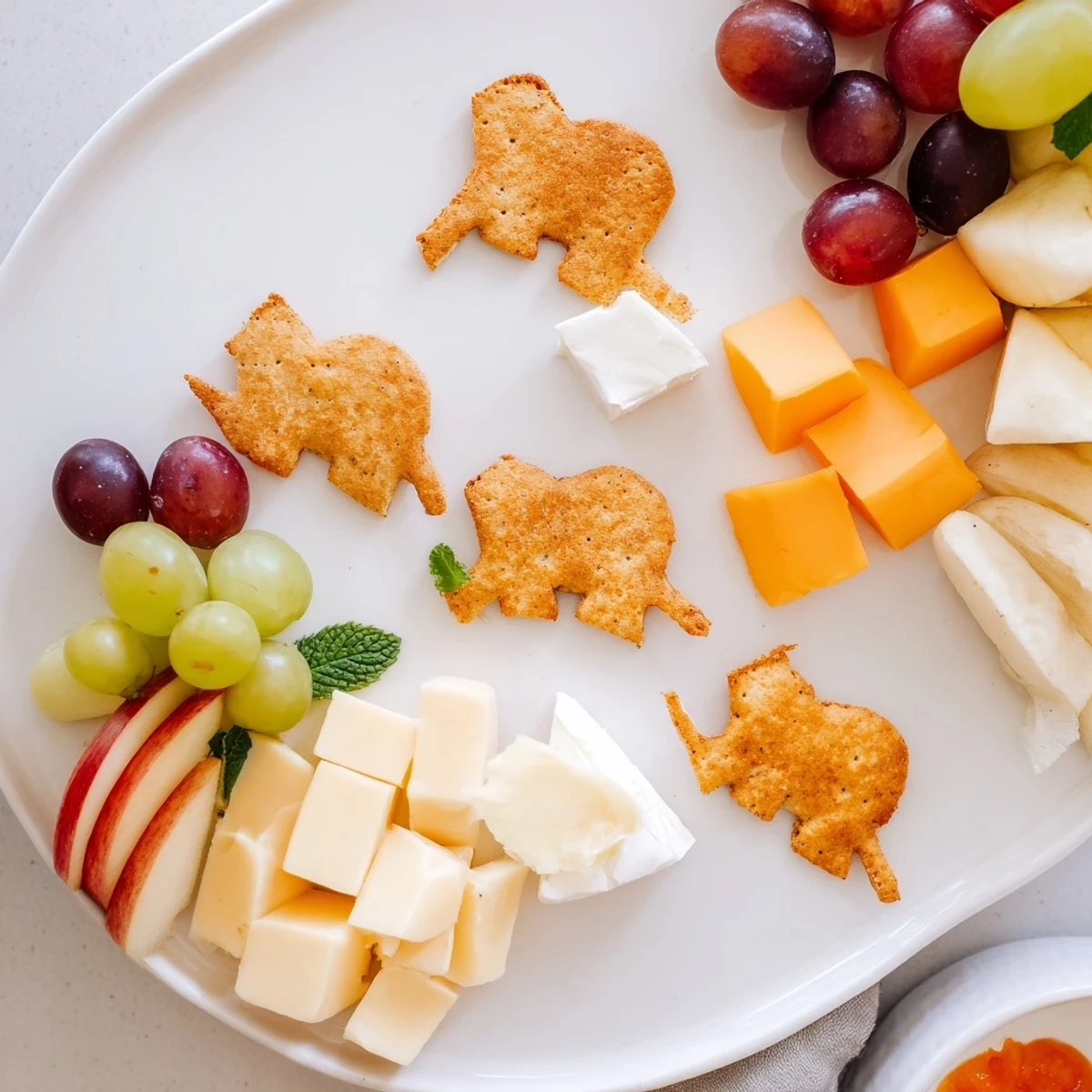 A festive Gentle Giant Elephant Cracker Board brimming with cheeses, fruits, and crackers, ready to enjoy.