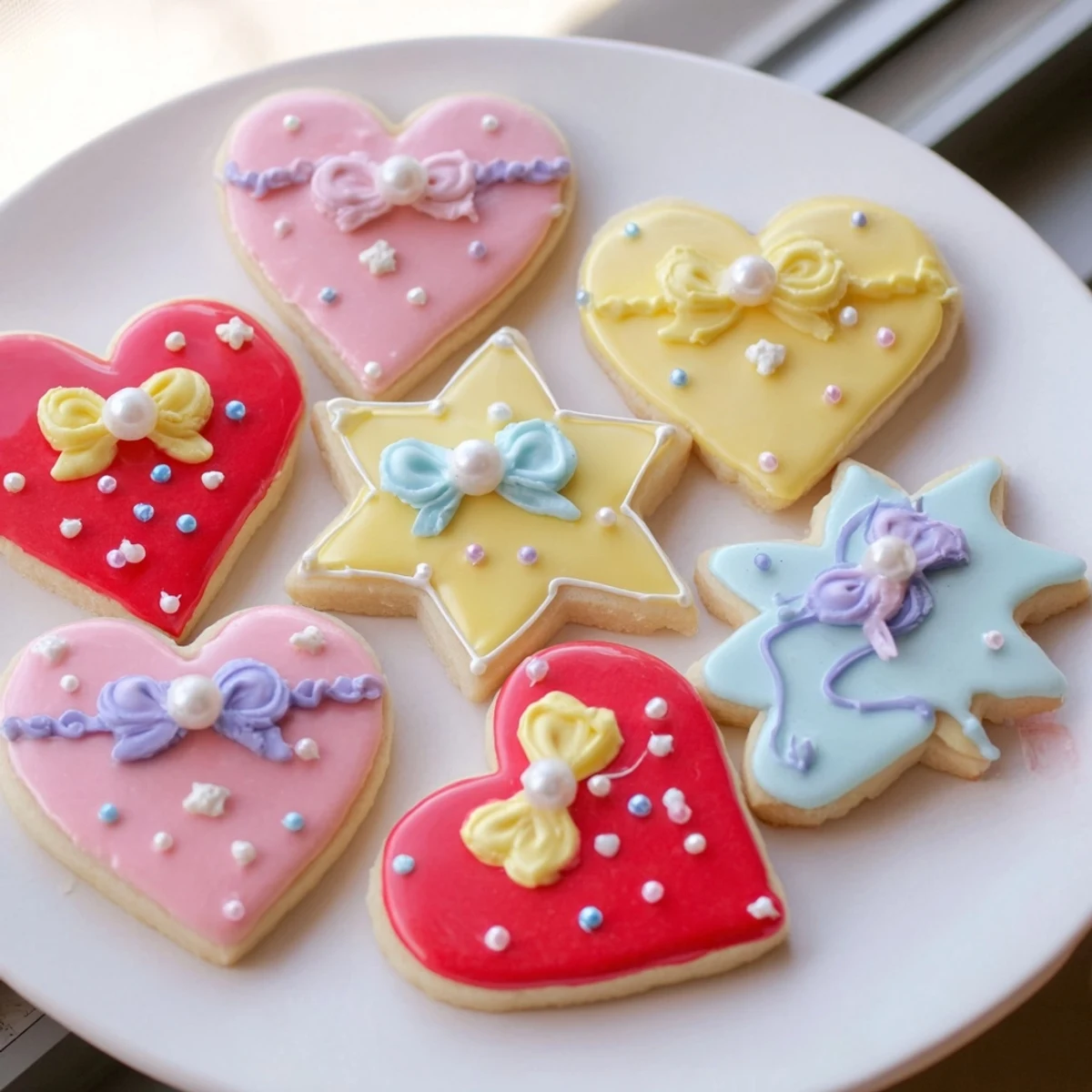 Delicate Pretty Bows Heart & Star Cookies feature vibrant pink bows and sparkling sprinkles, perfect for treats.