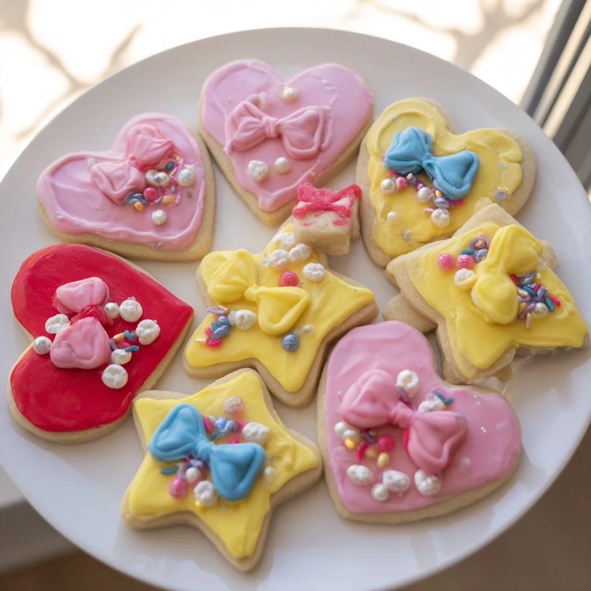 Pretty Bows Heart & Star Cookies: Colorful icing decorates charming heart and star shaped sugar cookies for gifting.