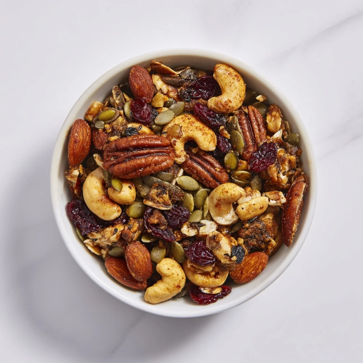 A close-up of a Nutty Nosh Squirrel Snack Mix in a bowl, showing colorful dried fruits.