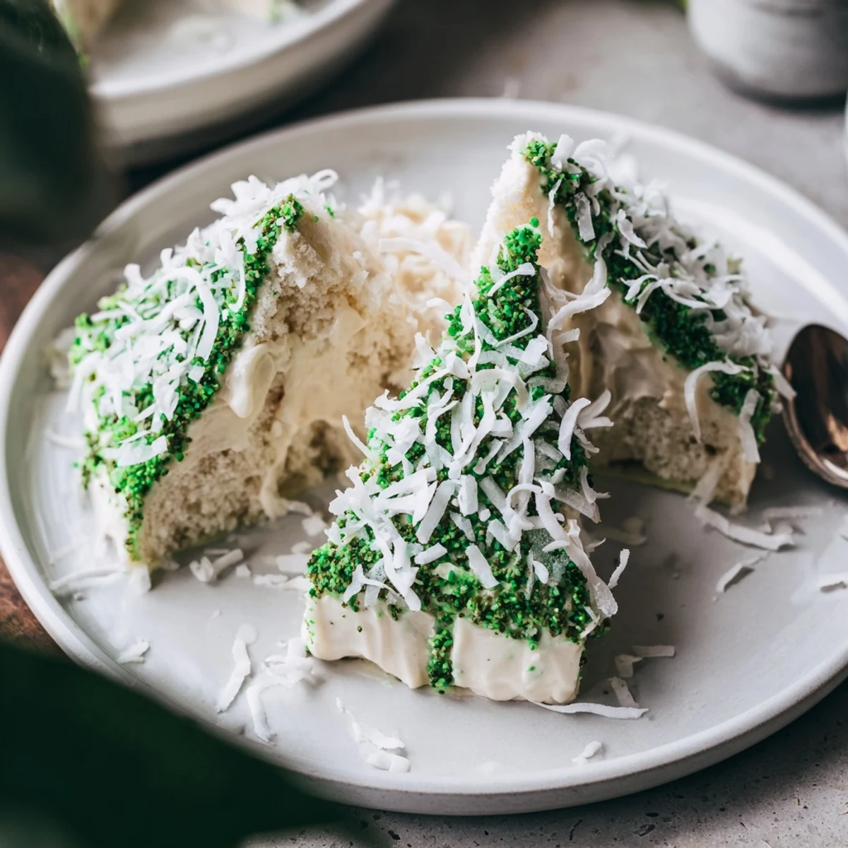 Table dHiver Sapin et Flocons: A glistening winter dessert with white chocolate mousse and snowy coconut flakes.