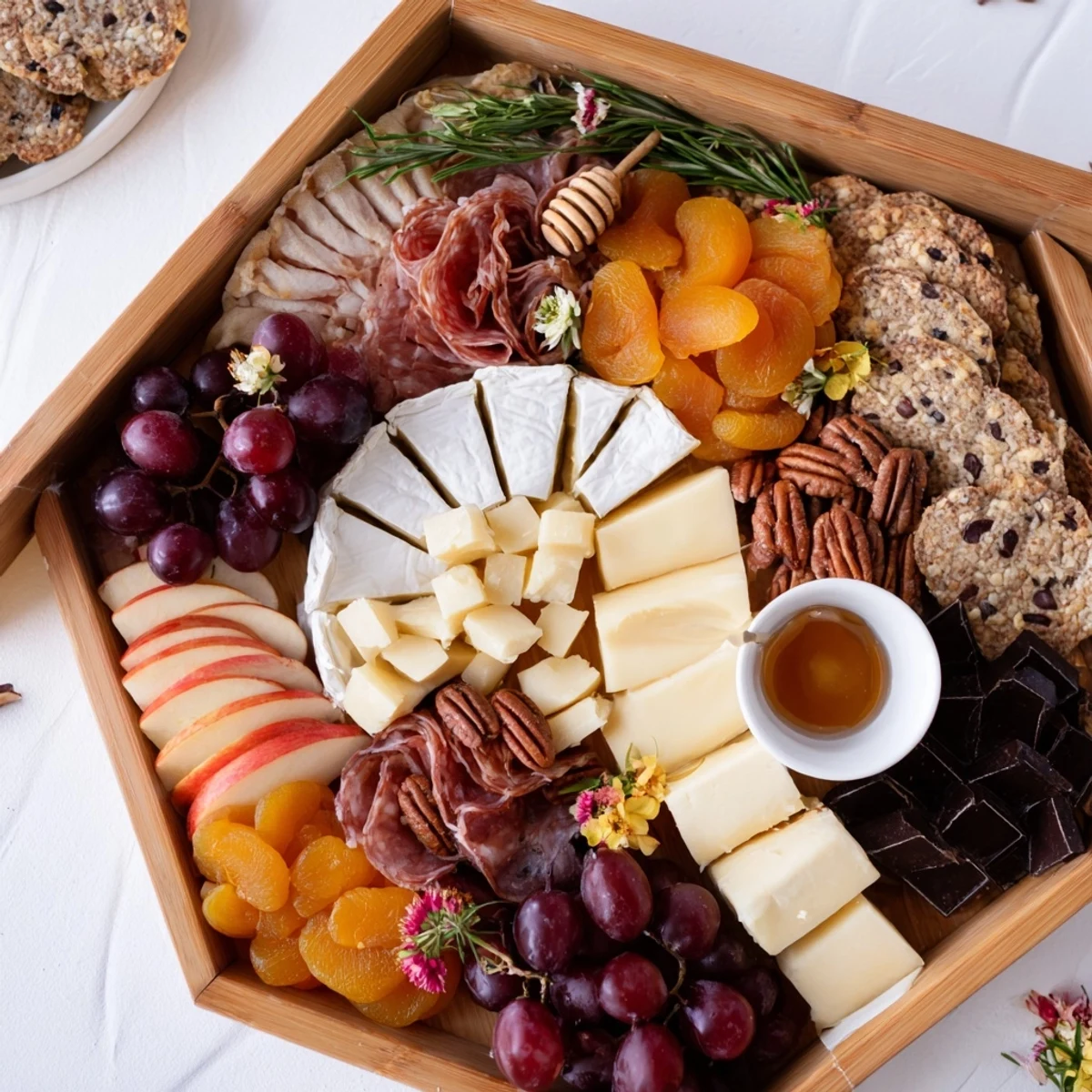 Sweet Home Charcuterie Board brimming with cheeses, fruits, and meats; a visual feast for friends.