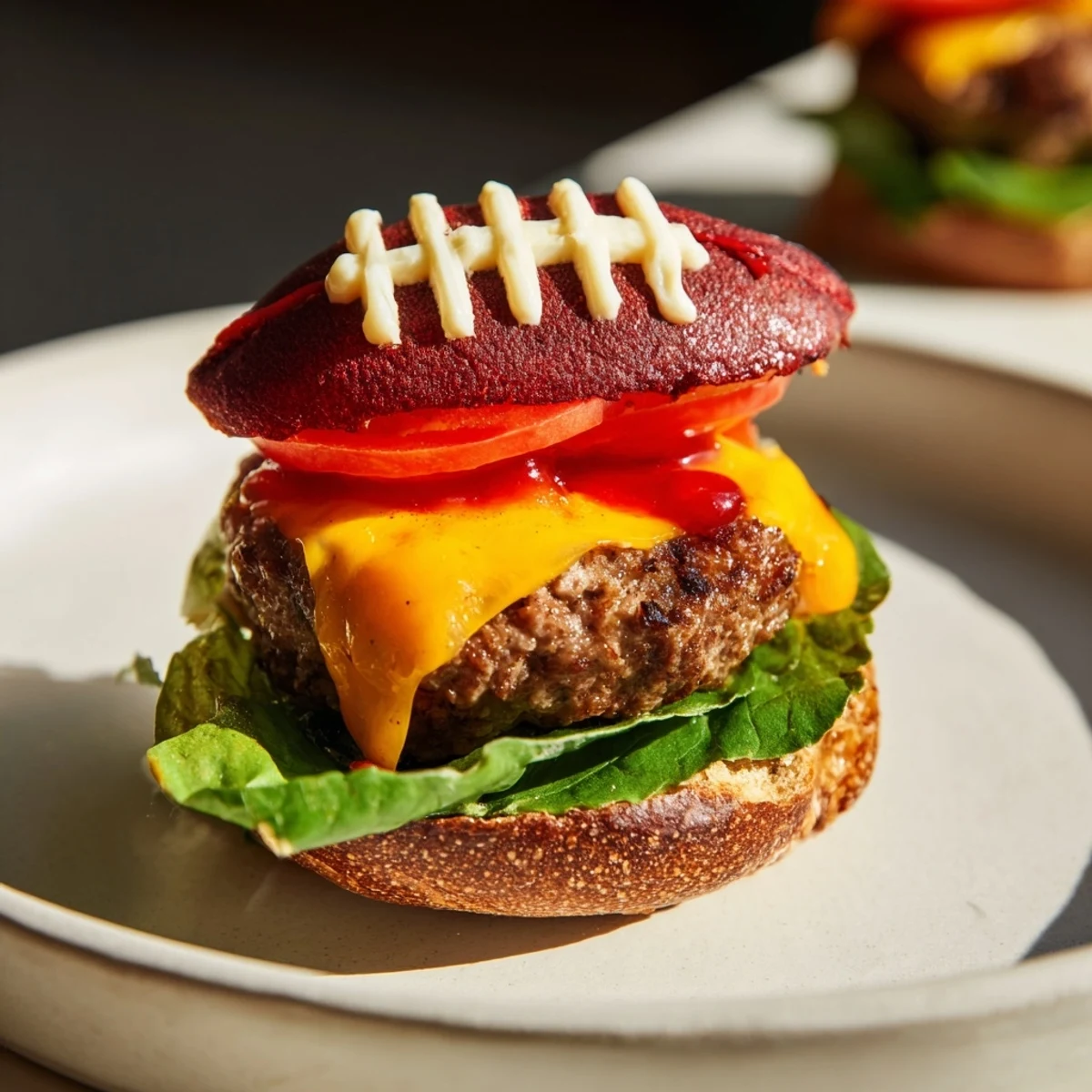 Game day-ready American Football Oval Burger Platter with football-shaped mini burgers, served with crispy fries.