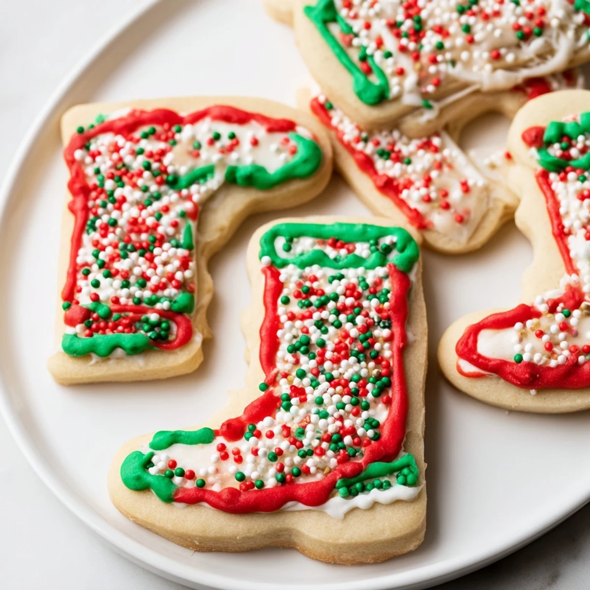Warm, golden-brown Christmas Boot-Shaped Delights, iced and sprinkled for a perfect holiday dessert.
