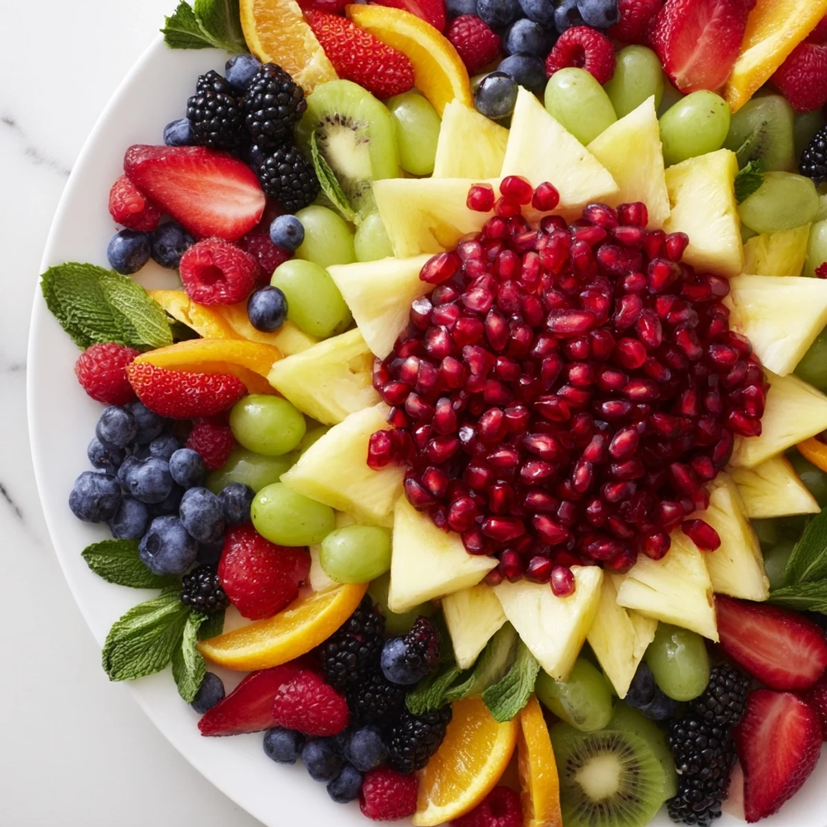 Vibrant Pomegranate Starburst Platter: Juicy pomegranate arils and colorful fruits make a stunning, refreshing appetizer.