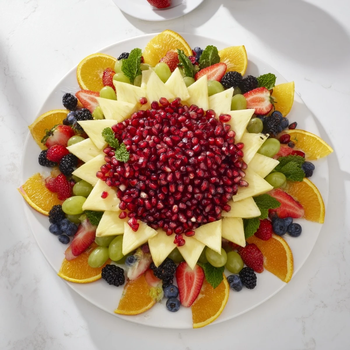 Fresh Pomegranate Starburst Platter with bright kiwi slices and berries, perfect for a healthy and festive snack.