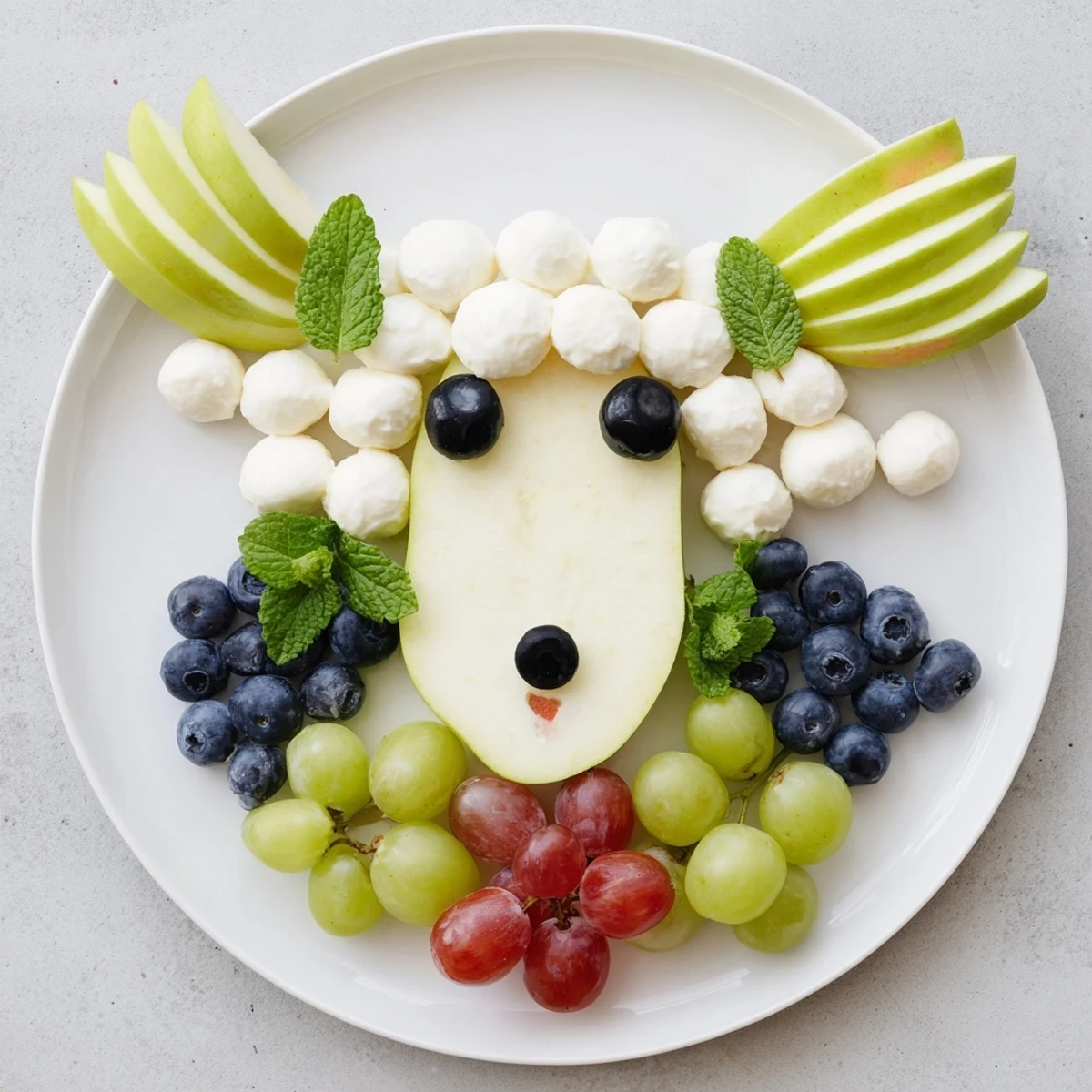 Vibrant Lamb Face Fruit and Cheese Platter with green grapes, perfect for a baby shower.