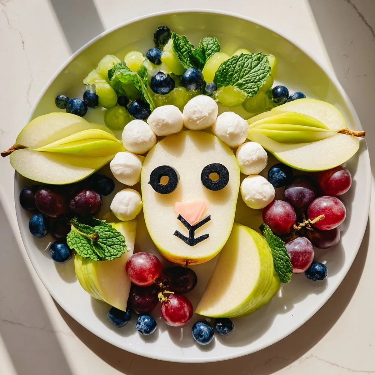 A whimsical Lamb Face Fruit and Cheese Platter, showcasing creamy cheeses and colorful fruits.