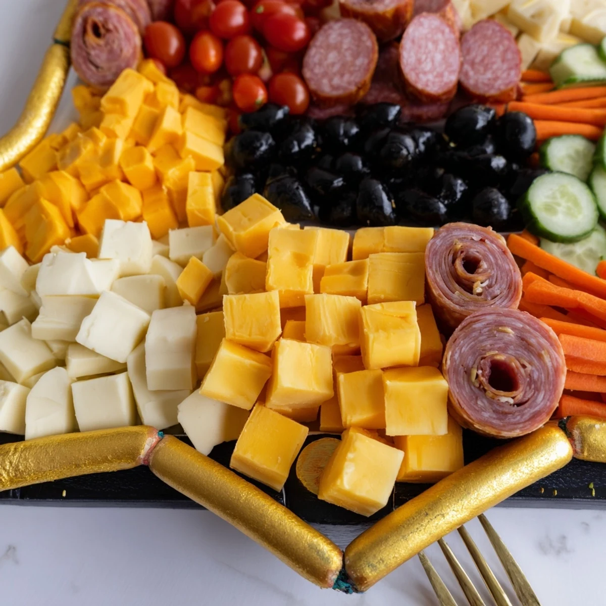 Close-up of a festive controller-shaped snack platter featuring cheeses, crackers, and colorful veggies, ready to serve.