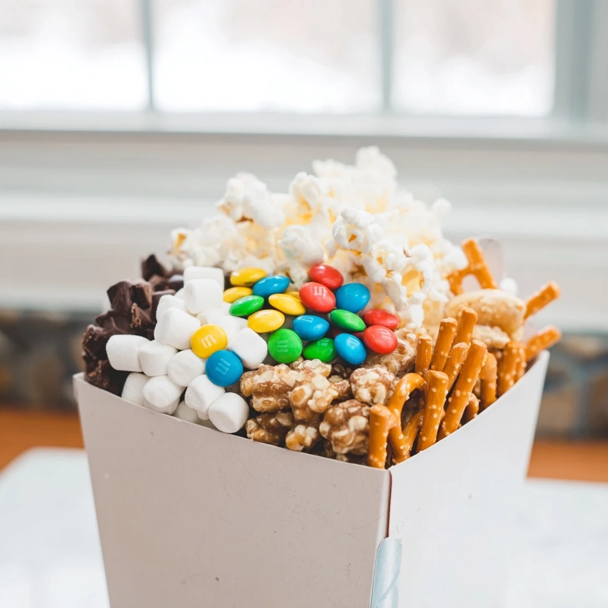 Vibrant movie night popcorn box treat overflowing with sweet and savory snacks, ready to enjoy.