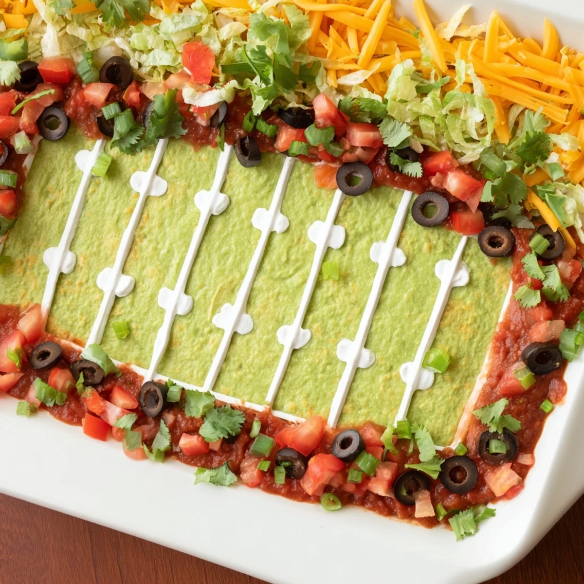 This festive Football Field Dip appetizer looks stunning with its layered textures and colorful garnishes.