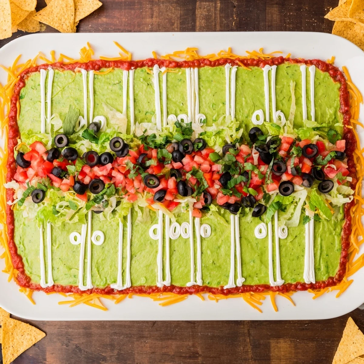 A close-up shot of a creamy, delicious Football Field Dip, ready for the game day party.