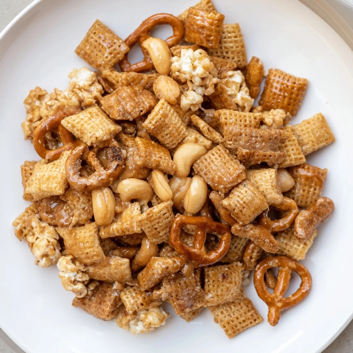 Sweet and salty Party Mix bursts with flavor, featuring a delicious sparkling cider glaze coating.