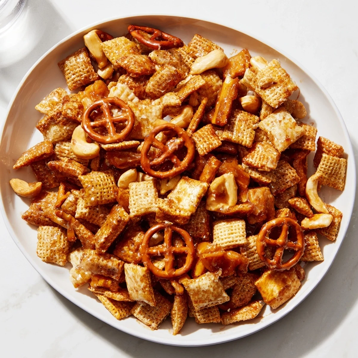 Enjoy the crunch: A bowl of warm, inviting Party Mix with sparkling cider, perfect for sharing.