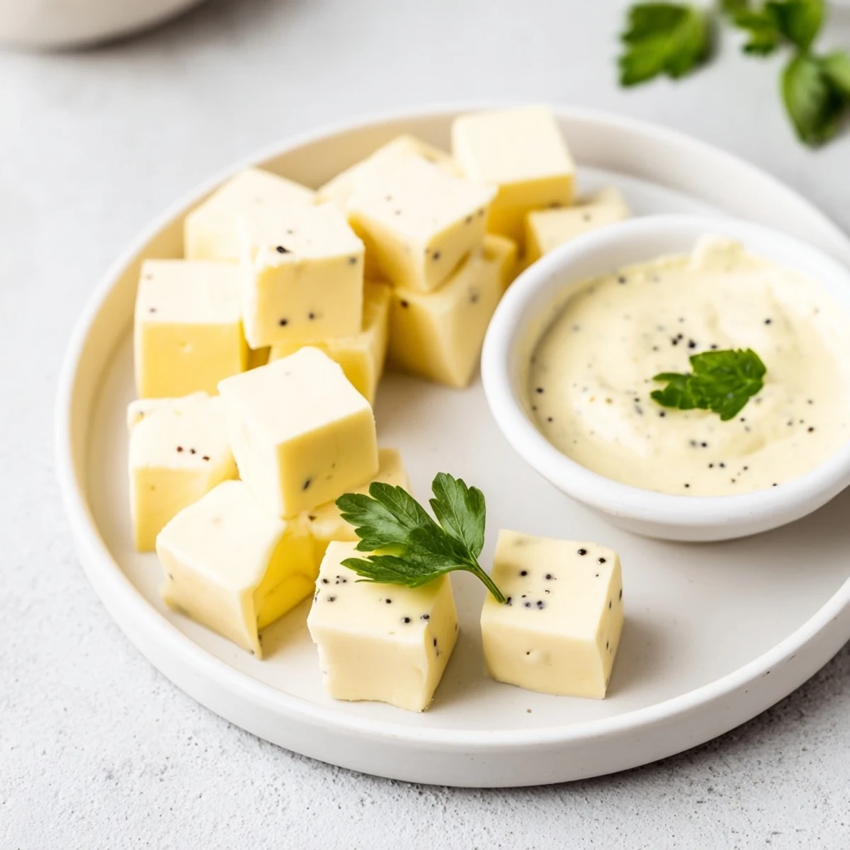 Creamy Gouda cubes alongside a vibrant mustard dip bowl, star of this cheese platter appetizer.