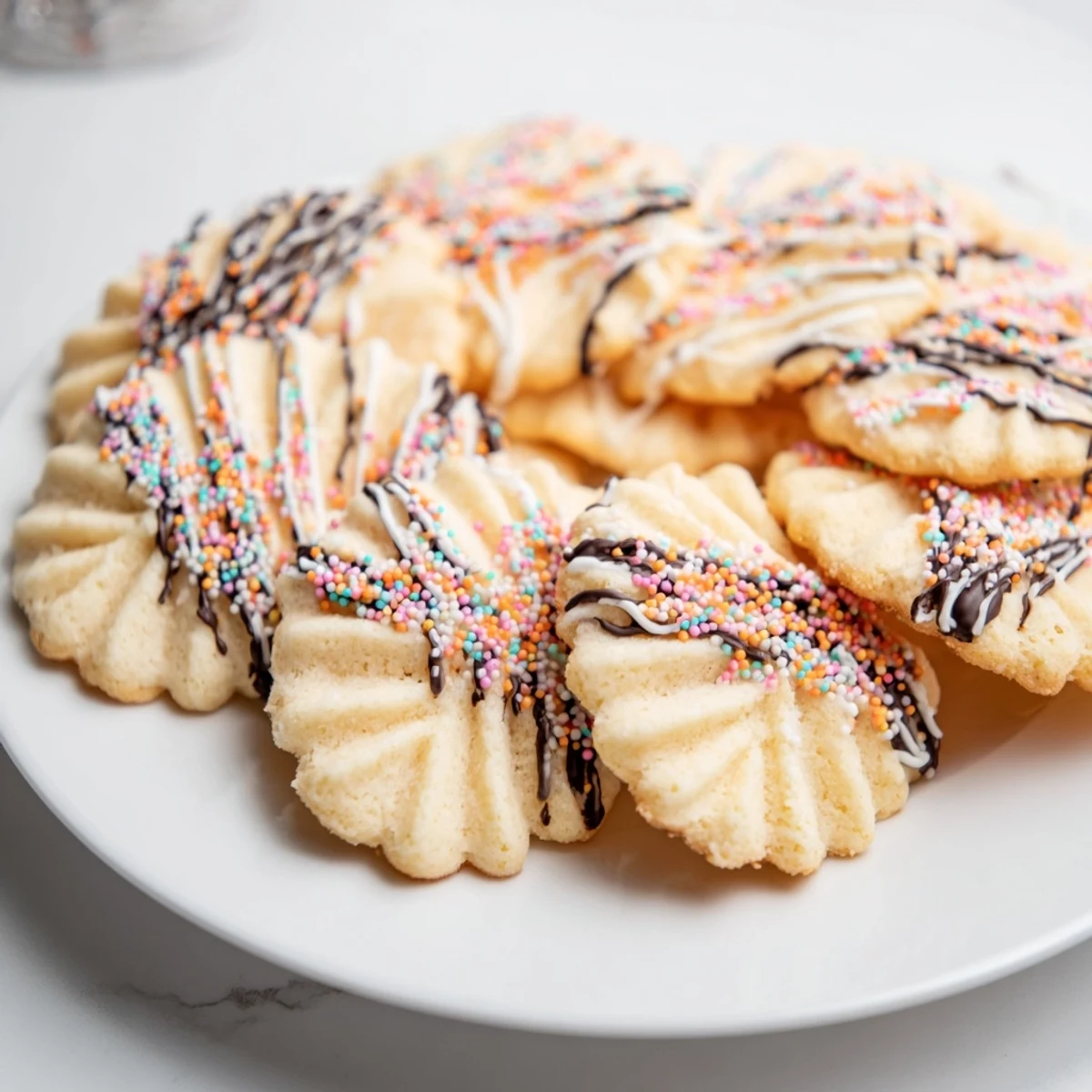 Golden-edged Spritz Cookies layered like a fan, sprinkled with colorful sugar, ready to eat.