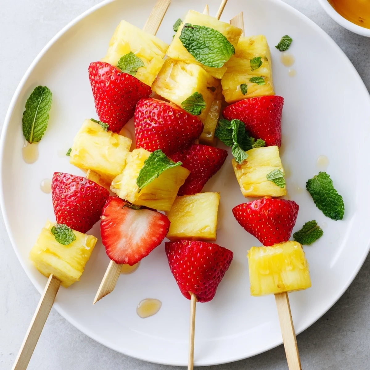 Vibrantly colored fruit skewers with pineapple and strawberries, a refreshing sweet treat for any occasion.