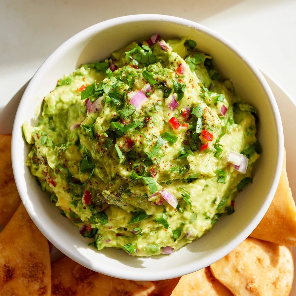 Golden, crunchy pita chips ready to be scooped into the vibrant, creamy guacamole for a snack.