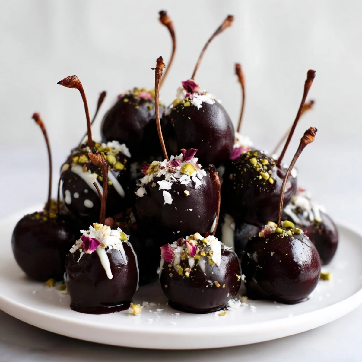 Shiny chocolate coats ripe cherries, creating delicious chocolate-covered cherry dessert bites in a pyramid.