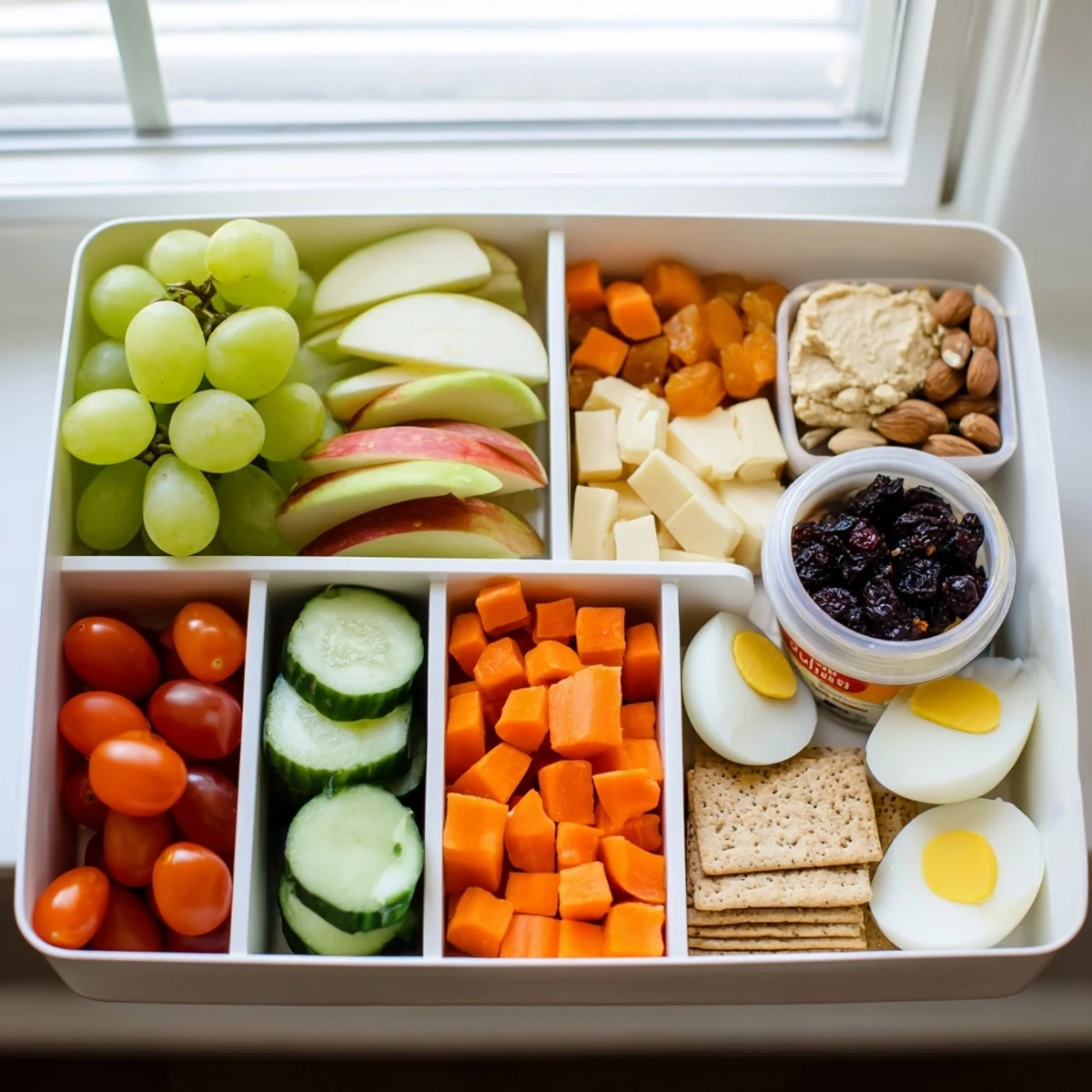 Road trip snack box featuring colorful fruits, crunchy veggies, and savory bites, ready to travel.