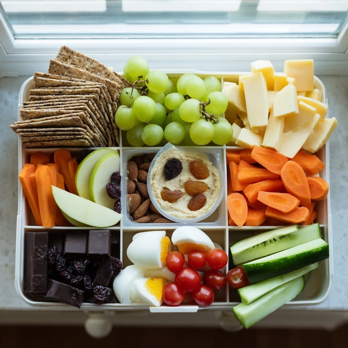 A delicious road trip snack box overflowing with fresh grapes, cheese cubes, and dark chocolate pieces.