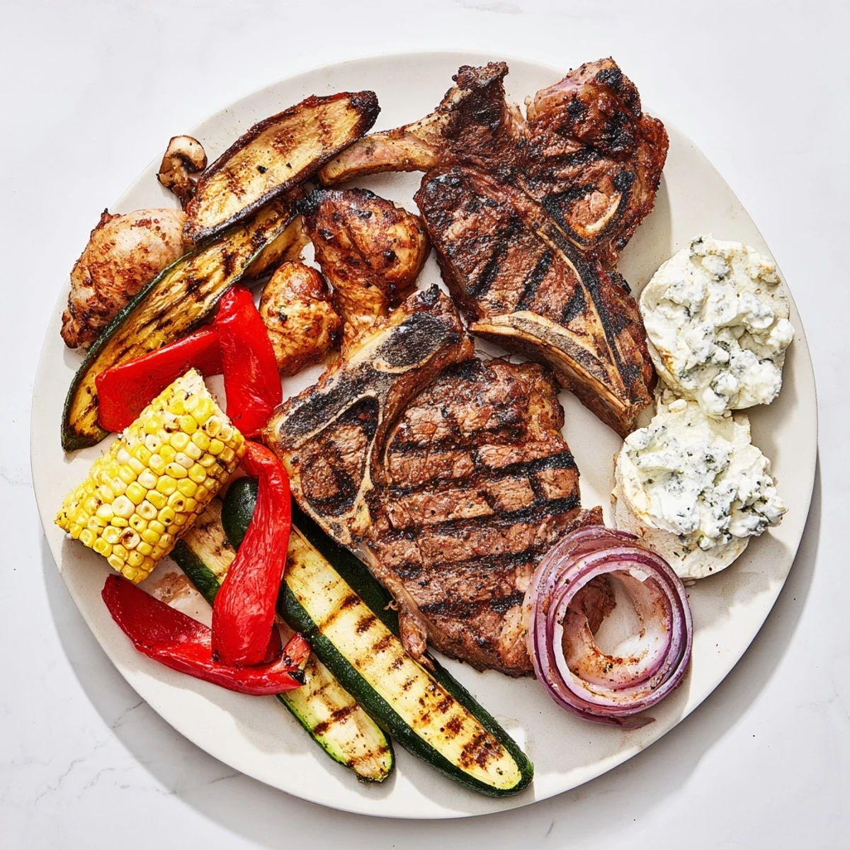 Vibrant Backyard BBQ Companion image: a rustic spread of smoky grilled beef, pork, and chicken with colorful veggies.