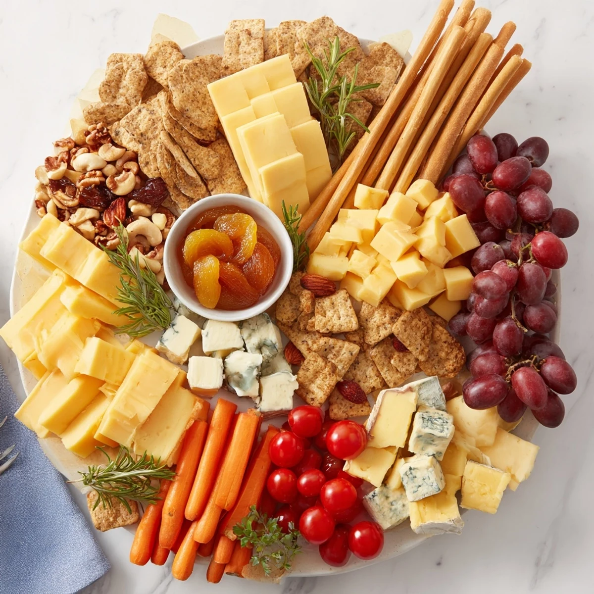 Elegant Housewarming Open House Spread: a cheese and cracker platter overflowing on a wooden board.