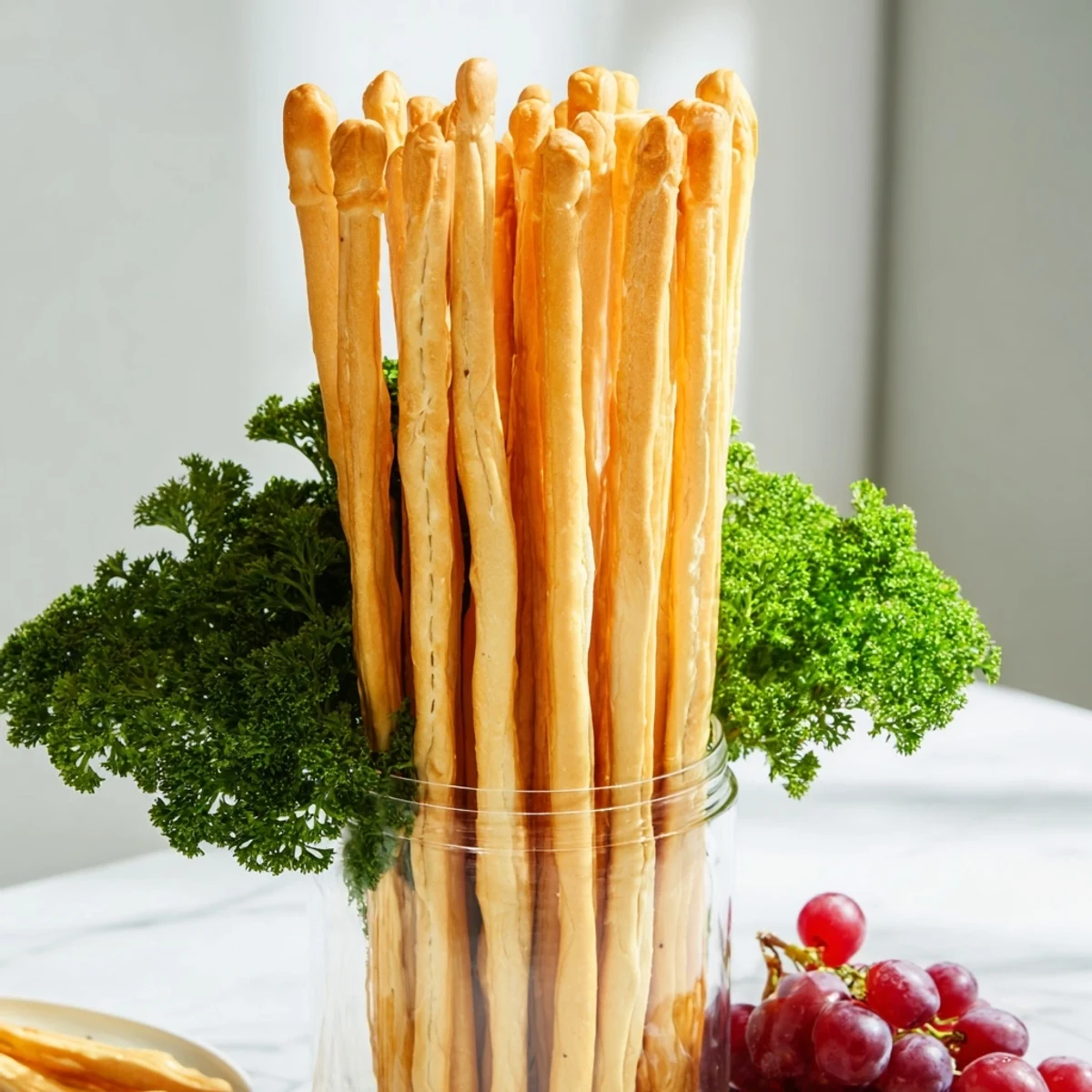 The Vertical Forest appetizer presents breadsticks standing tall in jars, surrounded by fresh grapes and parsley.