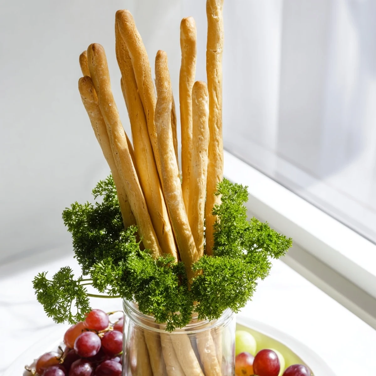 Imagine The Vertical Forest: Grissini breadsticks rise like trees, framed by green parsley and scattered grape clusters.