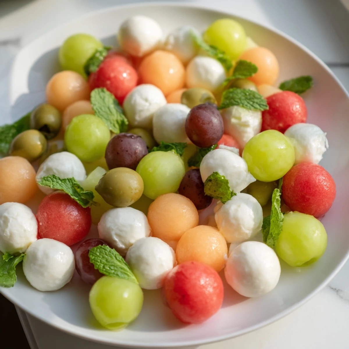 Party-ready polka dot platter: a vibrant mix of melon, cheese, and olives for a stunning, healthy snack.