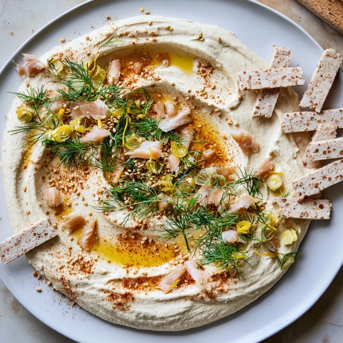 The Driftwood Beach appetizer on a platter: Smoked fish and crackers with creamy hummus, ready to enjoy.