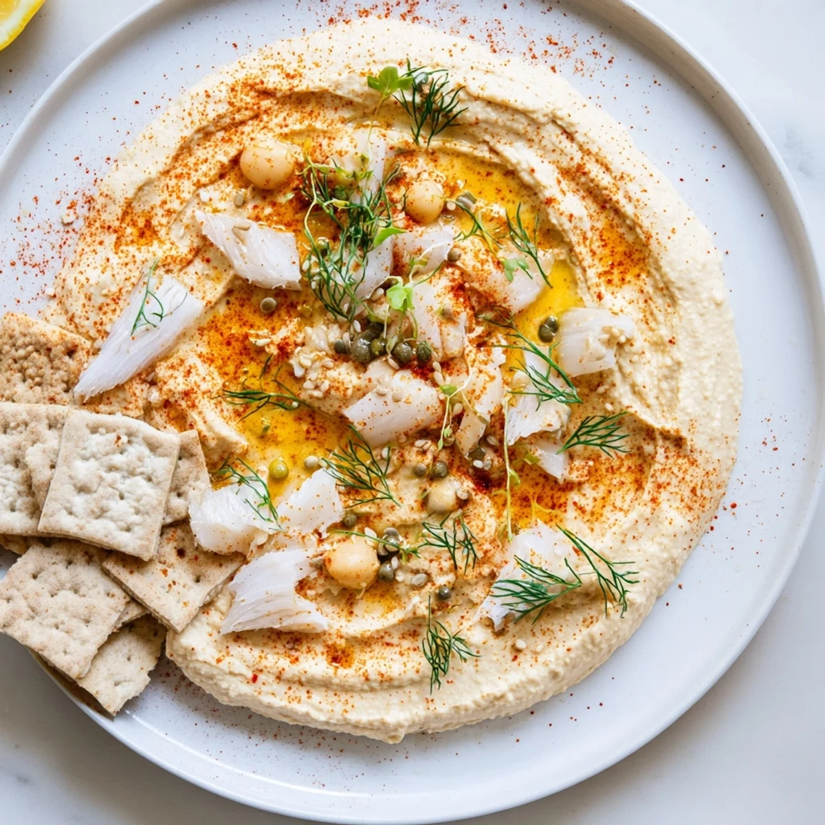 Delectable The Driftwood Beach appetizer featuring flaky fish, crackers, and creamy hummus for a flavorful snack.