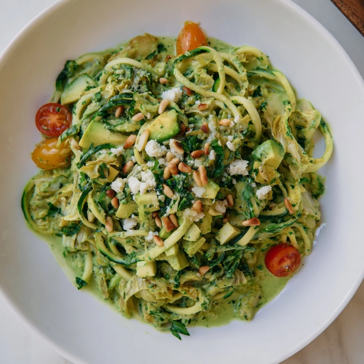 A bowl of Green Goddess Zoodle Pasta, showcasing tender zucchini with a vivid green sauce and toppings.