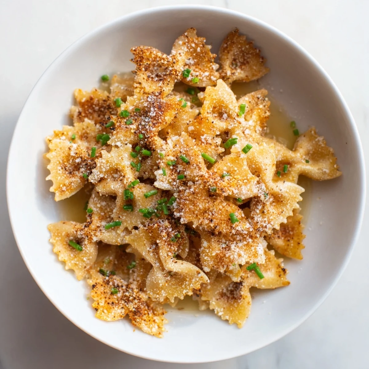 Golden, crispy Pasta Chip Cereal in a bowl, swimming in a warm, flavorful parmesan broth.