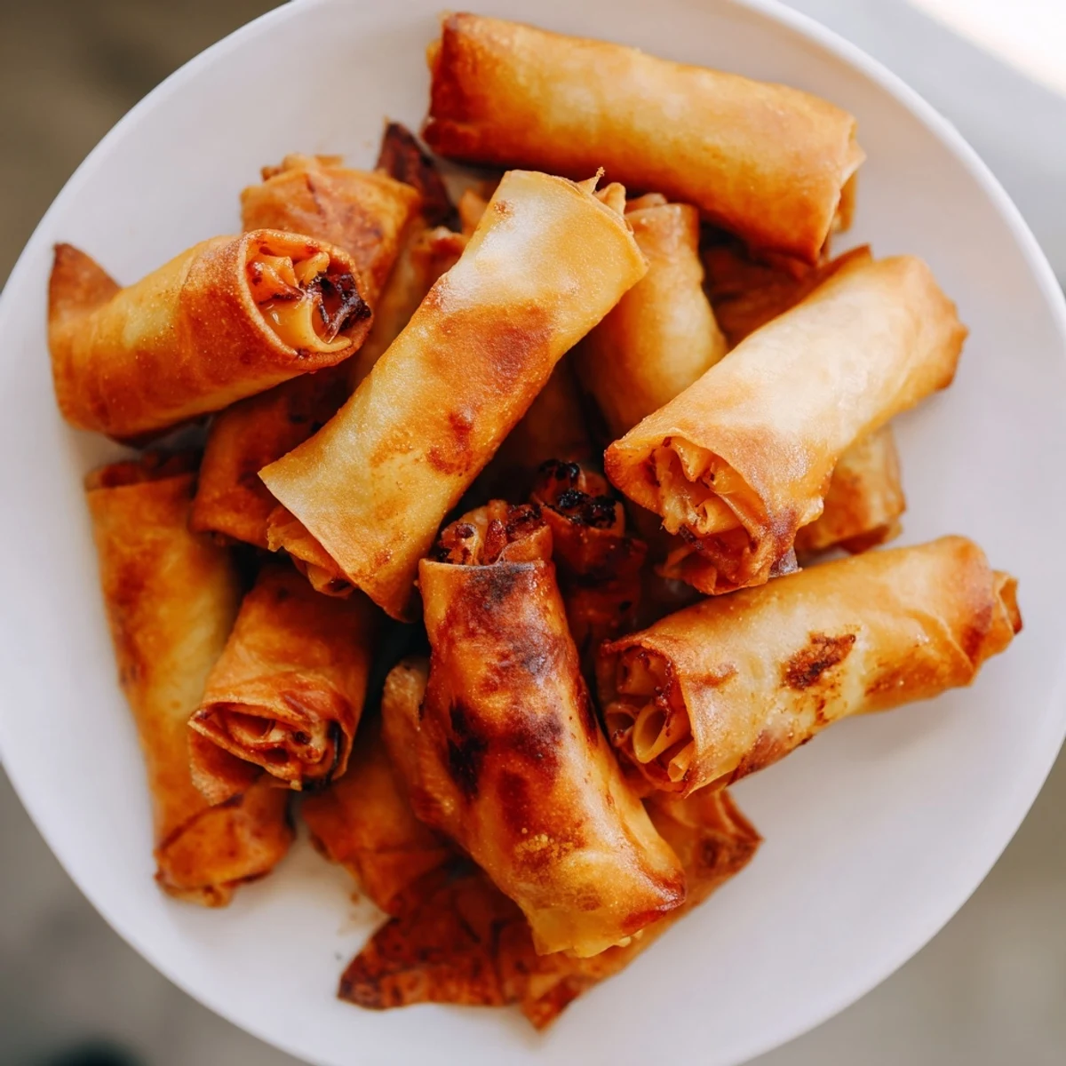 Golden-brown Tinis Mac and Cheese Lumpia Rolls, a crispy exterior revealing creamy, cheesy goodness within.
