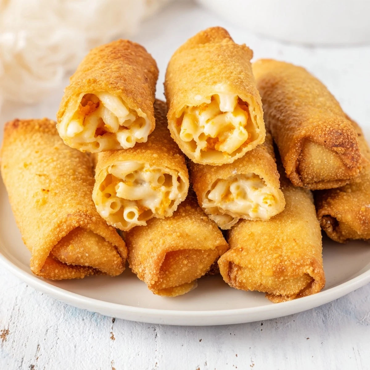 Close-up of freshly air-fried Tinis Mac and Cheese Lumpia Rolls, ready to be dipped and enjoyed as a snack.